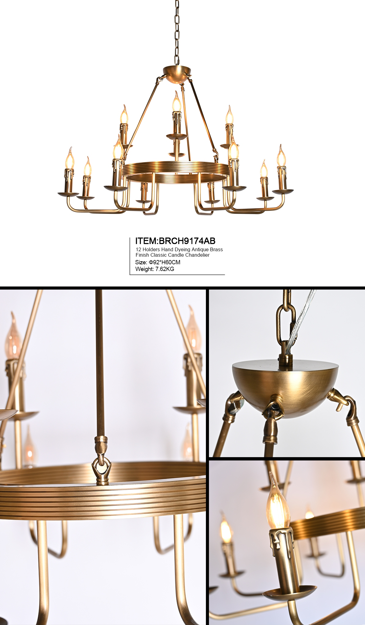 Classic Antique Brass Candle Chandelier with 12 Holders | Timeless American Style