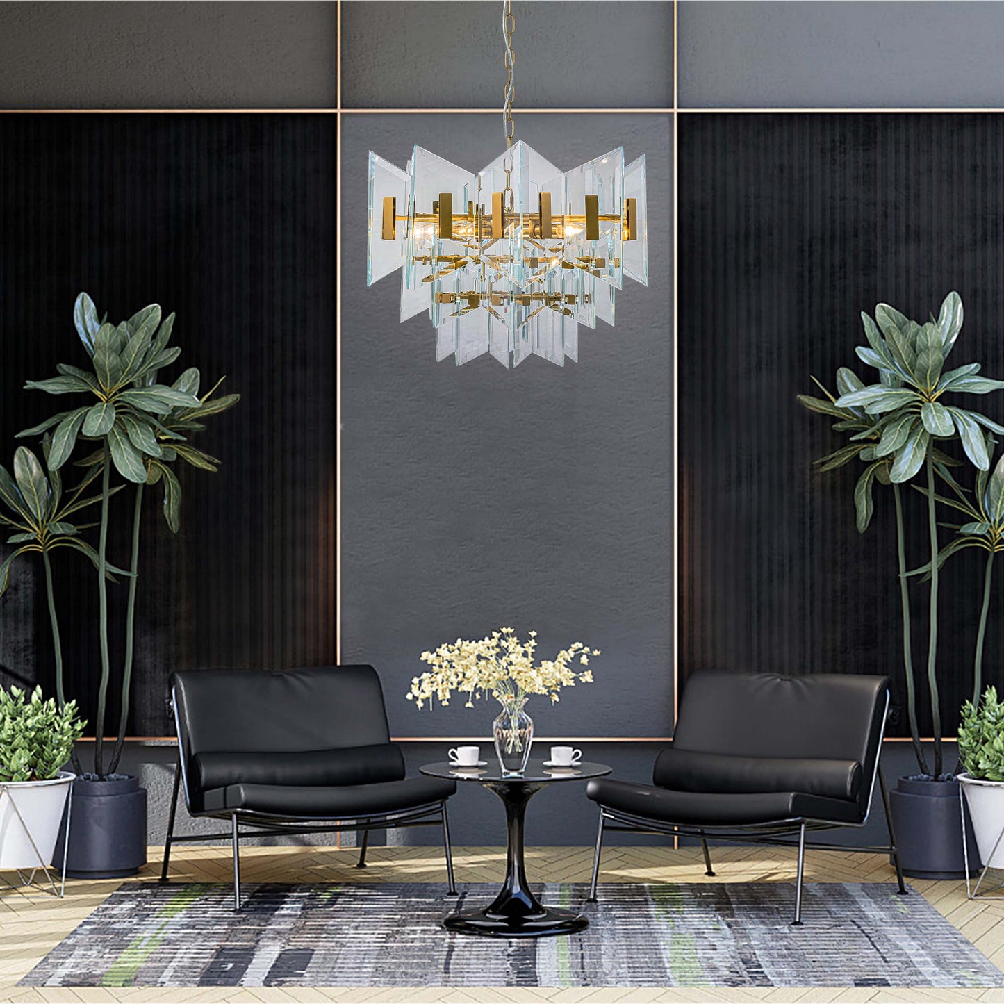 Modern Simple Glass and Steel Chandelier