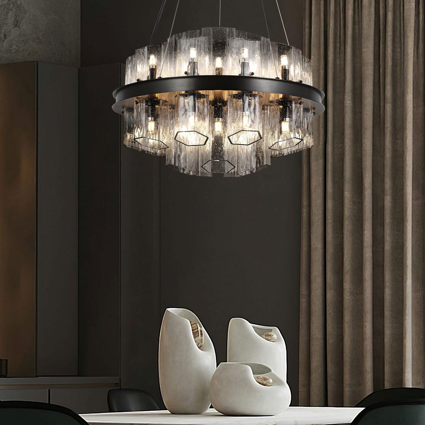 Modern Hexagonal Textured Glass Chandelier