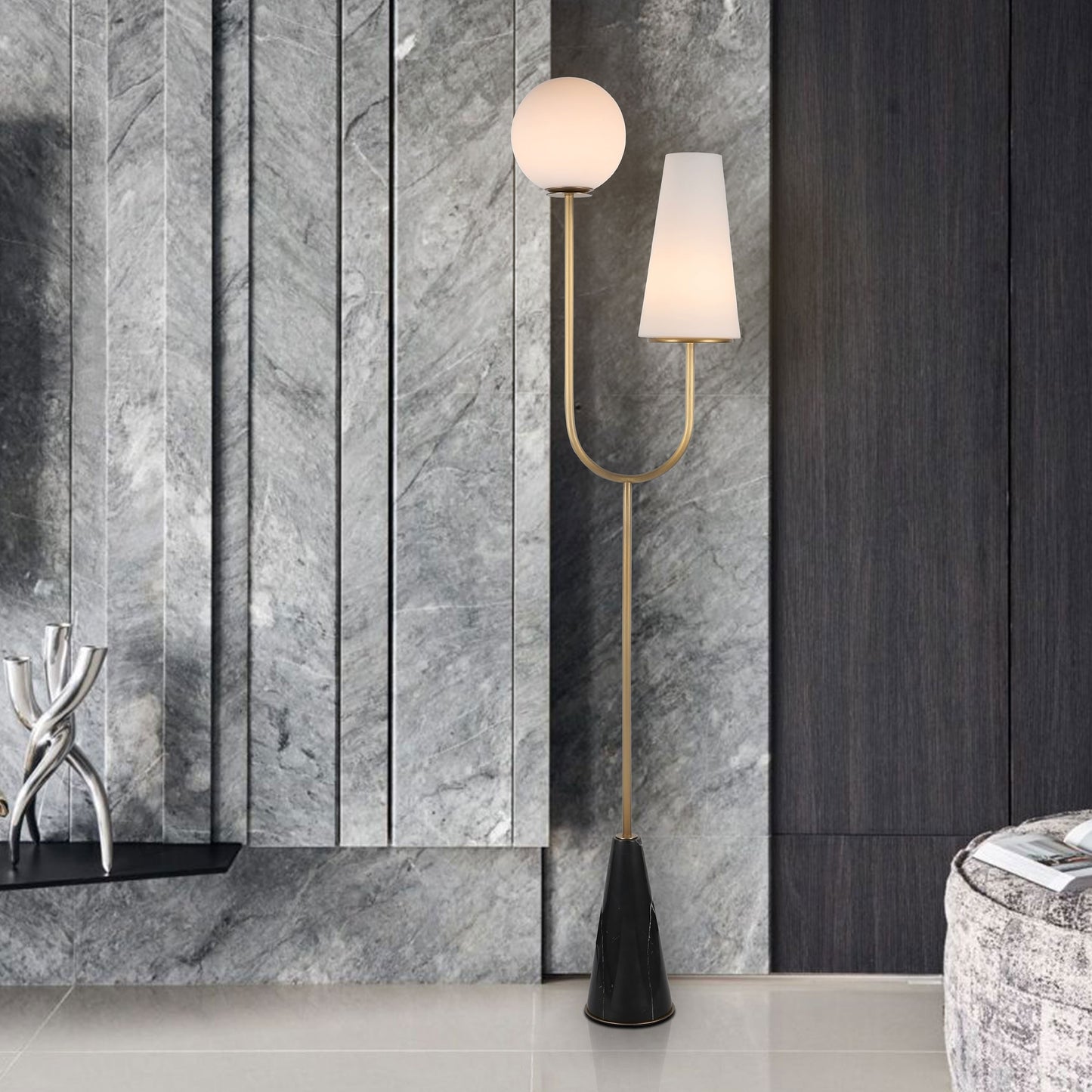 Glass floor lamp with black marble base