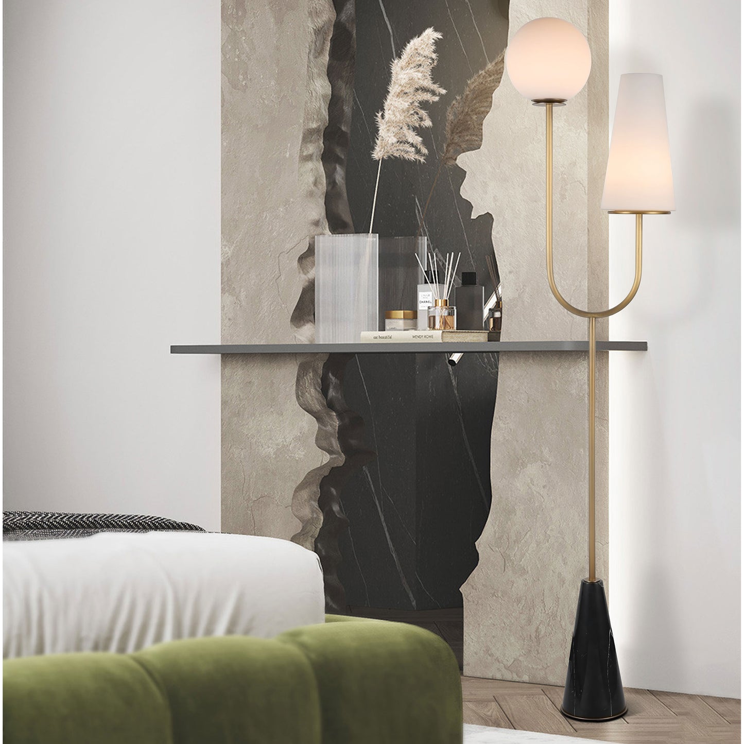 Glass floor lamp with black marble base