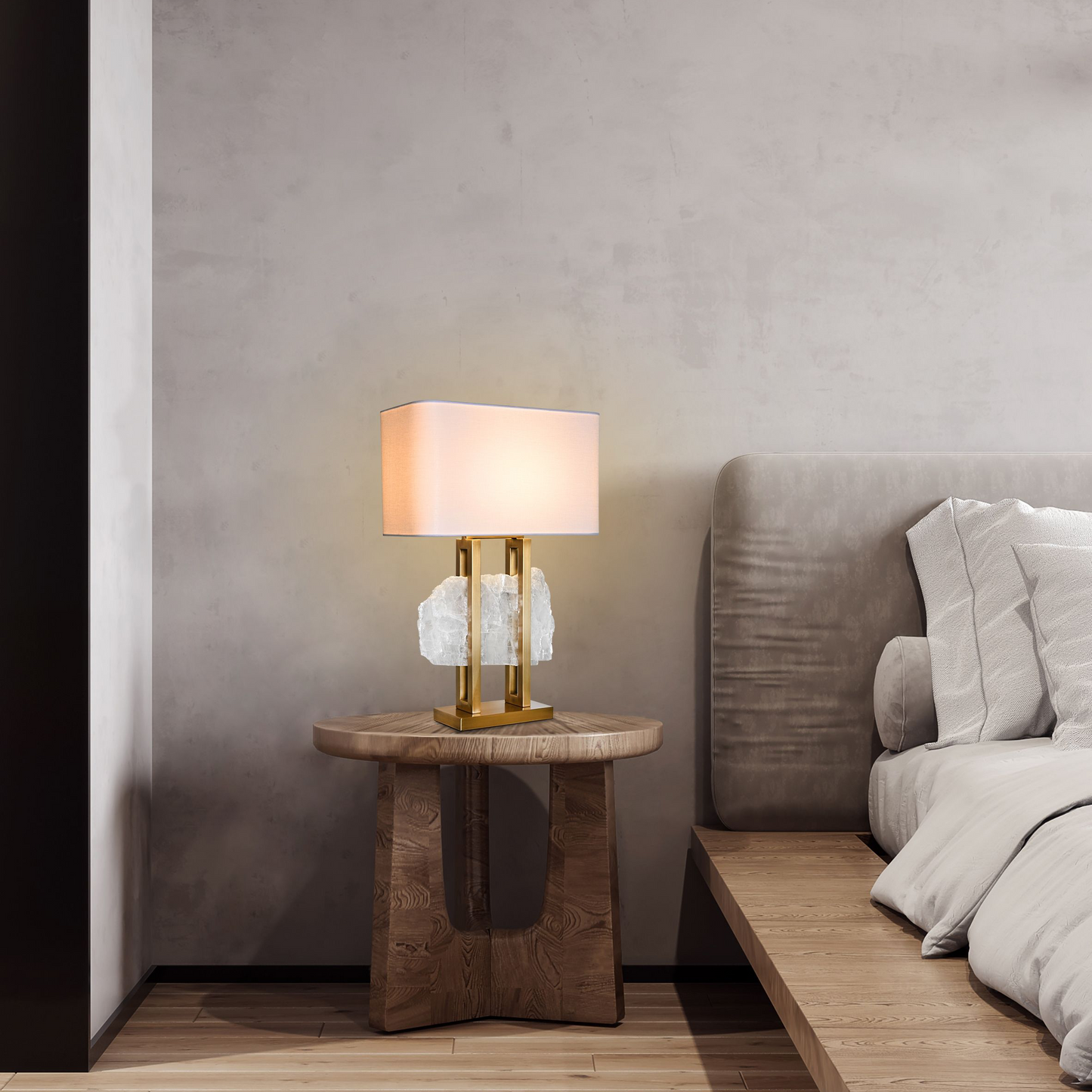 Modern Spar Stone Table Lamp with Metal Base and Linen Shade