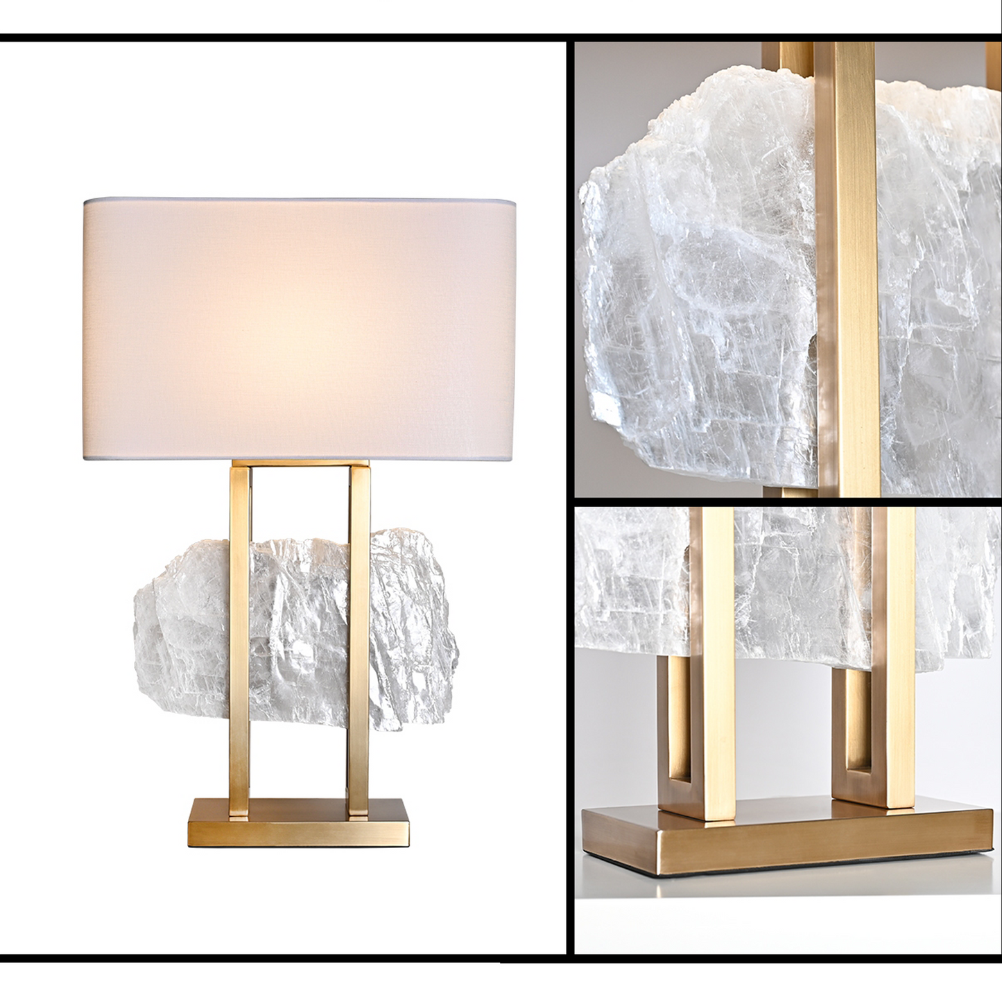 Modern Spar Stone Table Lamp with Metal Base and Linen Shade