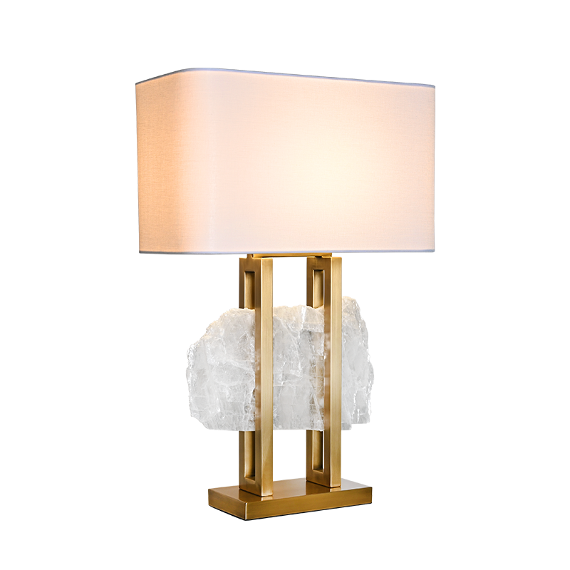 Modern Spar Stone Table Lamp with Metal Base and Linen Shade