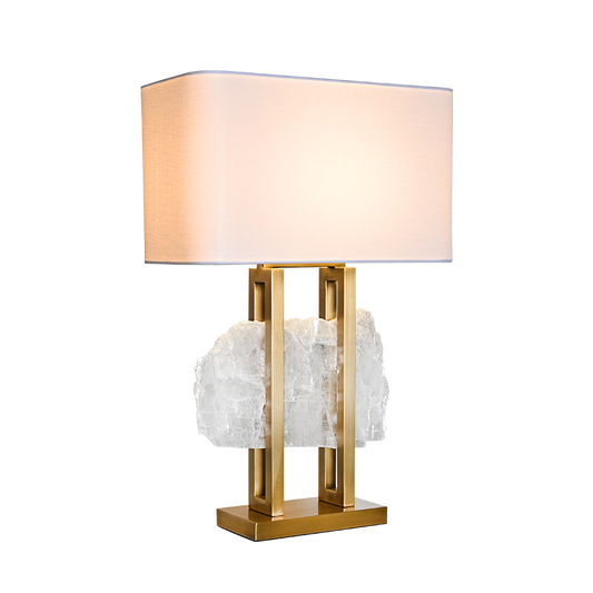 Modern Spar Stone Table Lamp with Metal Base and Linen Shade