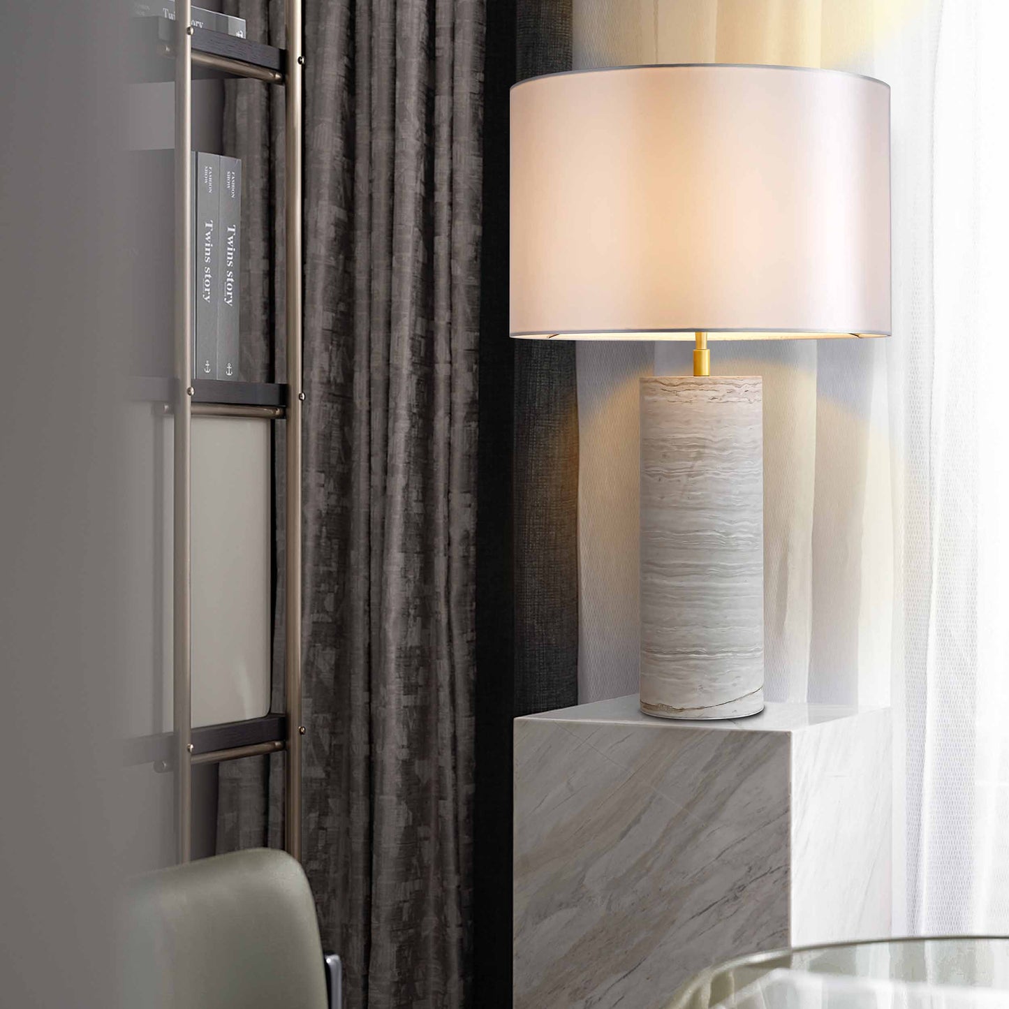 Contemporary Gray Wood Marble Table Lamp